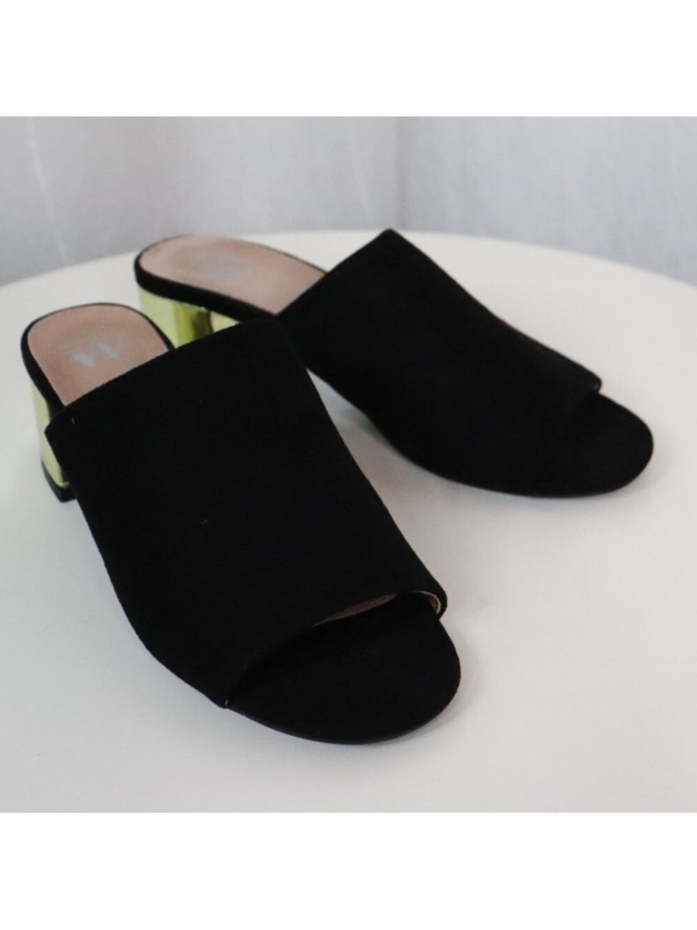 VANESSA WU Suede Mules with Gold Block Heel
